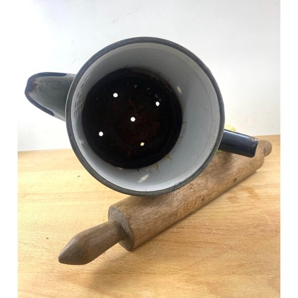 Vintage Enamelware Coffee Pot Pitcher With Rolling Pin Faux Flower Vignette - Picture 8 of 8